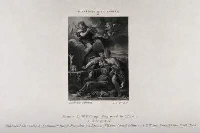 Saint Francis of Assisi held by two angels; angel playing the violin on a cloud