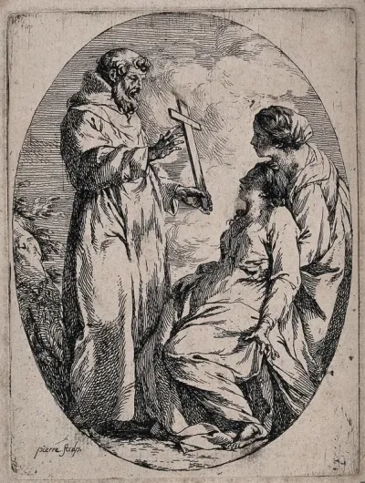 Saint Francis of Assisi holding a crucifix before a sick woman brought to him to be cured