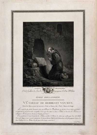 Saint Francis of Assisi, holding a crucifix, kneeling in front of a Bible