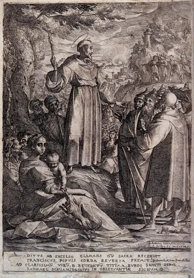 Saint Francis of Assisi holding a crucifix, preaching to a crowd of people