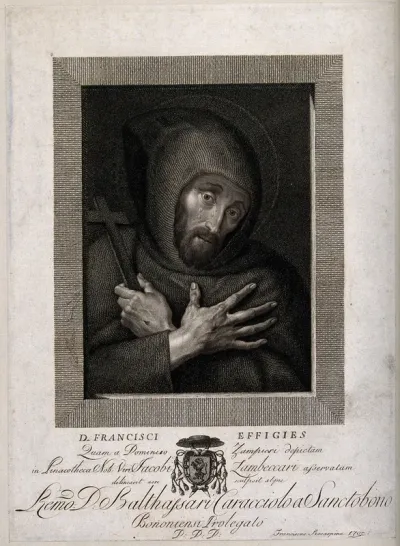 Saint Francis of Assisi holding a crucifix, weeping