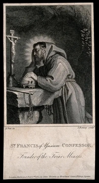 Saint Francis of Assisi, holding a skull, contemplating a crucifix