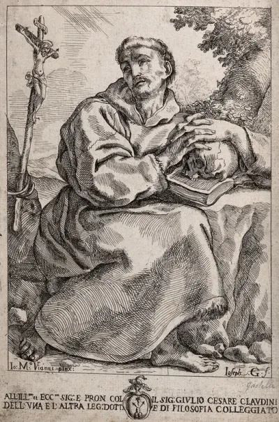 Saint Francis of Assisi, holding a skull, contemplating a crucifix