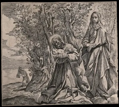 Saint Francis of Assisi holding the infant Christ presented to him by the Virgin Mary
