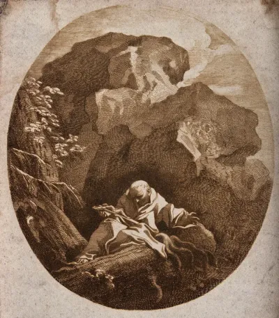 Saint Francis of Assisi in a rocky wilderness, kneeling, contemplating a crucifix