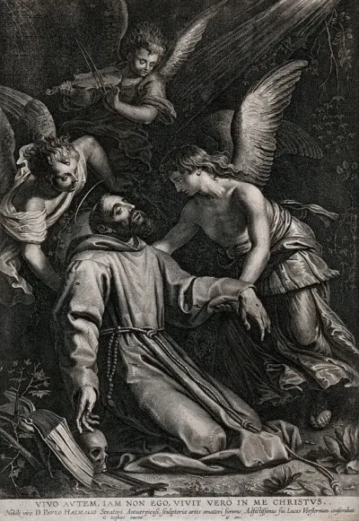 Saint Francis of Assisi in ecstasy after receiving the stigmata, held by two angels; an angel playing the violin on a cloud
