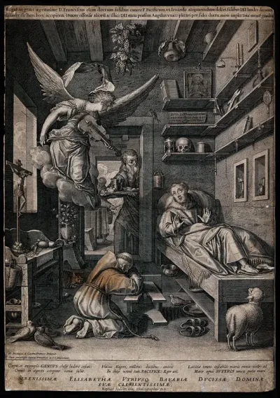 Saint Francis of Assisi in his cell having a vision of an angel playing the violin on a cloud
