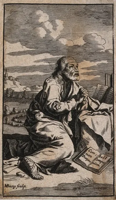 Saint Francis of Assisi (?) in the wilderness, kneeling and praying