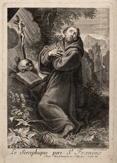 Saint Francis of Assisi in the wilderness, kneeling in front of a crucifix, a book and a skull