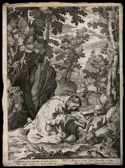 Saint Francis of Assisi in the wilderness, kneeling in front of a crucifix