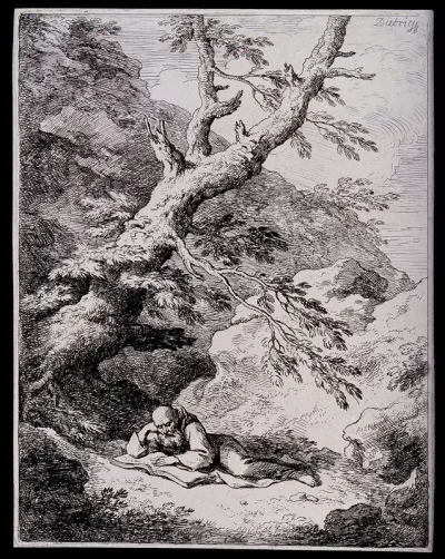 Saint Francis of Assisi in the wilderness, reading a book