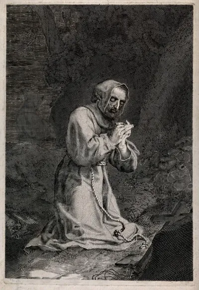 Saint Francis of Assisi in wilderness; kneeling in front of a crucifix