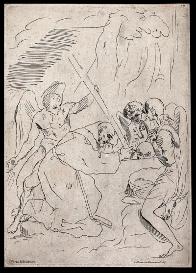 Saint Francis of Assisi kneeling and holding a cross; three angels around him