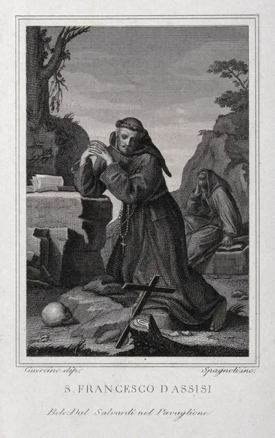Saint Francis of Assisi, kneeling, contemplating a crucifix; a Franciscan monk in the background