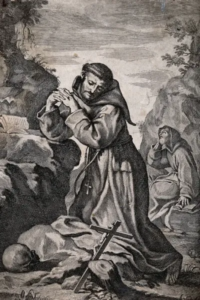 Saint Francis of Assisi, kneeling, contemplating a crucifix; a Franciscan monk in the background