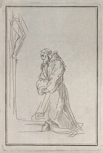 Saint Francis of Assisi kneeling in front of a cross