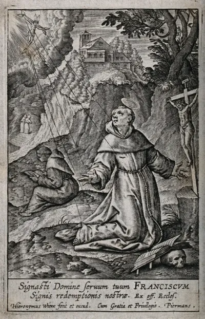 Saint Francis of Assisi, kneeling in front of a crucifix, receiving the stigmata of Christ from the seraph