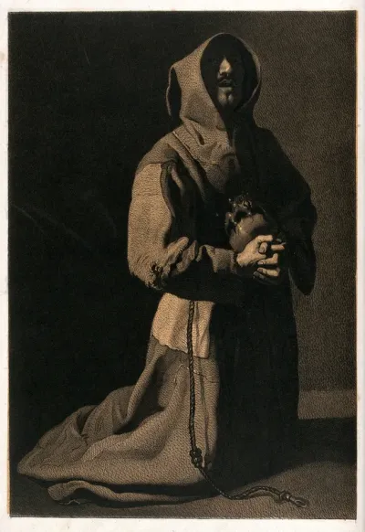 Saint Francis of Assisi kneeling in prayer, holding a skull