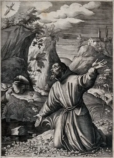 Saint Francis of Assisi kneeling with open arms, looking at the seraph with six wings who had appeared in the sky