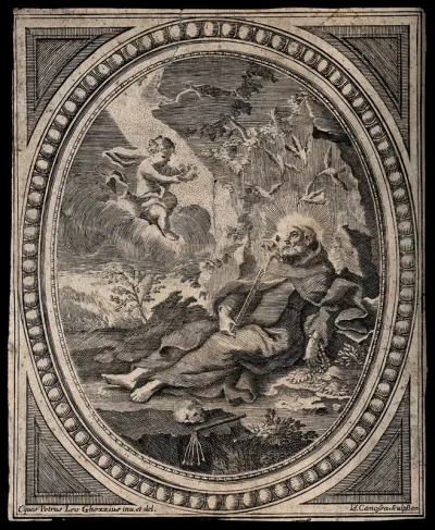Saint Francis of Assisi (?) lying on the ground, looking at an angel on a cloud