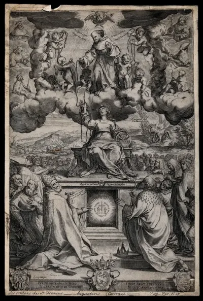 Saint Francis of Assisi on a cloud with cherubs; giving the cords of his robes to the Virgin on a pedestal and to a crowd of people