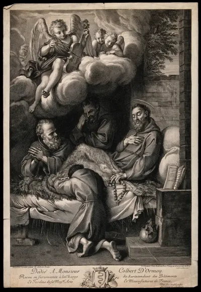 Saint Francis of Assisi on his deathbed, three Franciscans praying next to him, an angel playing the violin on a cloud