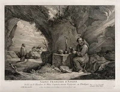 Saint Francis of Assisi reading a book in front of a crucifix; a monk and a church in the background