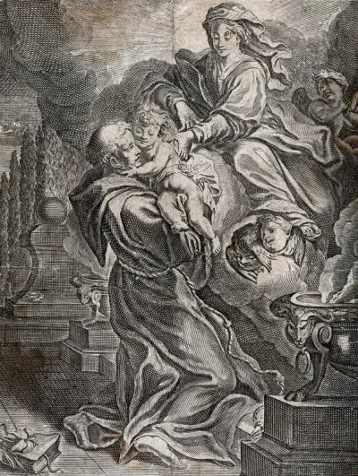 Saint Francis of Assisi receiving the infant Christ from the Virgin Mary; three cherubs are watching the scene