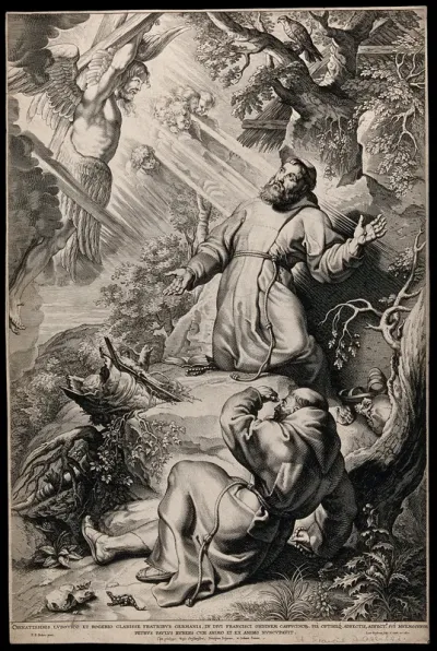 Saint Francis of Assisi receiving the stigmata from Christ on the cross; friar in the foreground