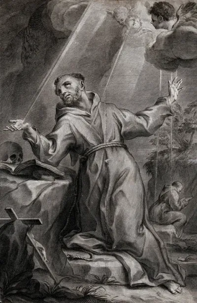 Saint Francis of Assisi receiving the stigmata of Christ; angels in the sky