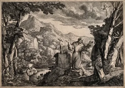 Saint Francis of Assisi receiving the stigmata of Christ from a seraph; mount Alverna in the background