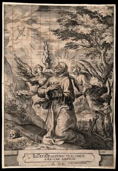 Saint Francis of Assisi receiving the stigmata of Christ from a seraph; two angels beside him