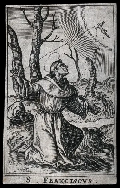 Saint Francis of Assisi receiving the stigmata of Christ from Christ on the cross