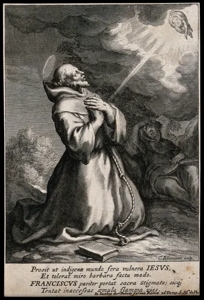 Saint Francis of Assisi receiving the stigmata of Christ from the seraph