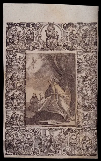 Saint Francis of Assisi receiving the stigmata of Christ from the seraph; vignettes of Christ and the Apostles in the border