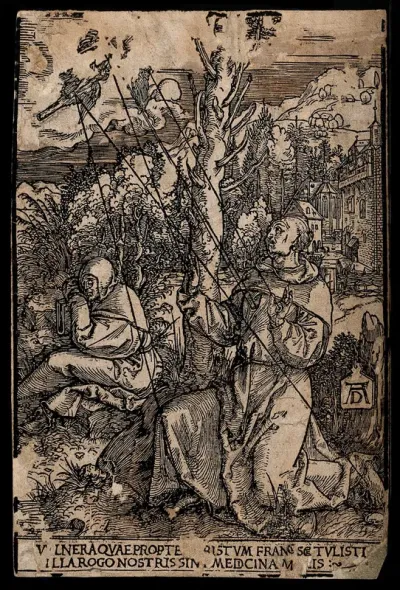 Saint Francis of Assisi receiving the stigmata of Christ; mount Alavernia in the background
