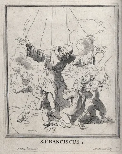 Saint Francis of Assisi receiving the stigmata of Christ; two angels holding a cross in front of him