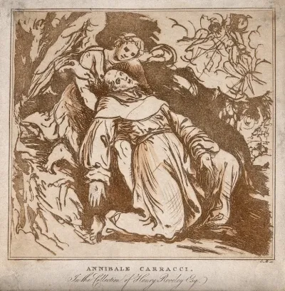 Saint Francis of Assisi supported by an angel is receiving the stigmata of Christ from the seraph