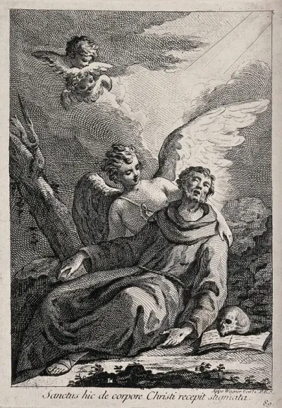 Saint Francis of Assisi supported by an angel is receiving the stigmata of Christ; two angels in the sky
