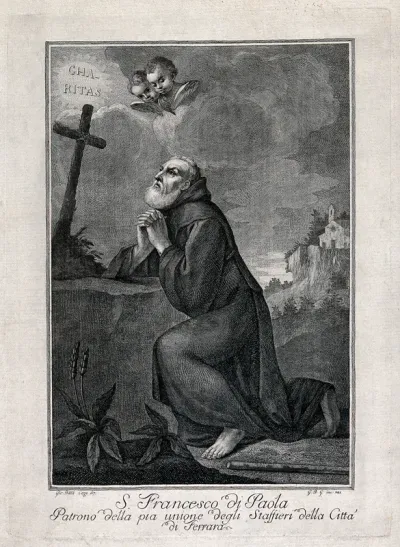 Saint Francis of Paola kneeling in front of a cross, praying; church in the background, two cherubs in the sky