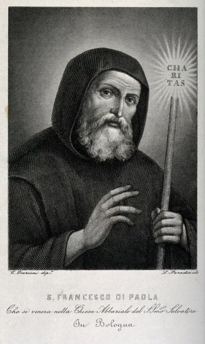 Saint Francis of Paula, head and shoulders; bestowing his blessing with his right hand