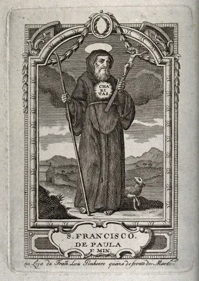 Saint Francis of Paula holding a crook and and a cross, walking along a path with a lamb