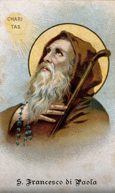 Saint Francis of Paula holding a rosary and looking at the sun