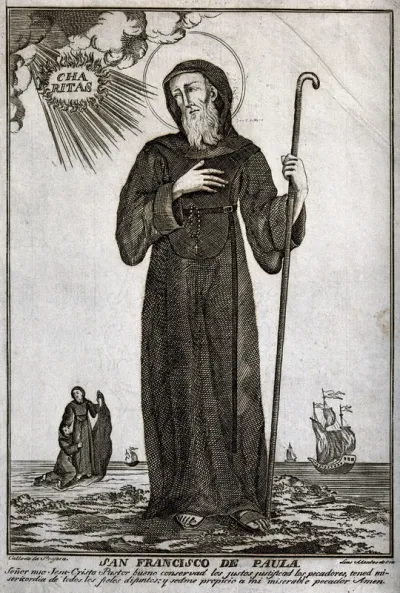 Saint Francis of Paula holding a walking stick and looking at the sun; sea in the background