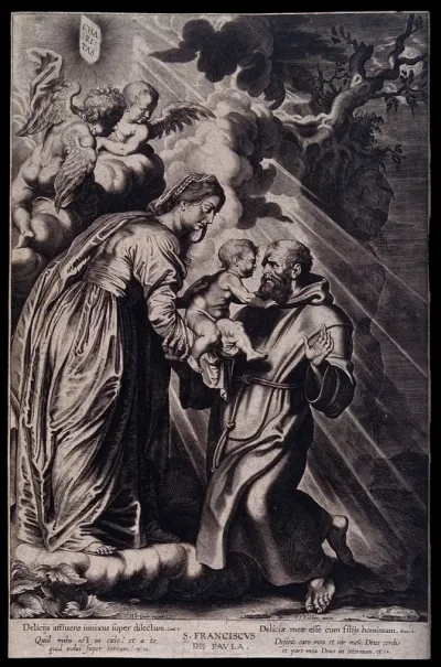 Saint Francis of Paula receiving the infant Christ from the Virgin Mary; two cherubs are watching the scene