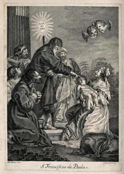 Saint Francis of Paula, surrounded by four men, touches the forehead of an infant in its mother's arms; two cherubs are in the sky