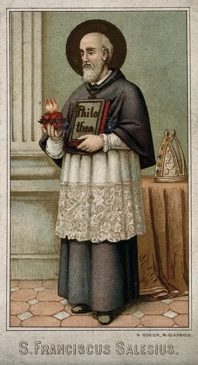 Saint Francis of Sales holding the Sacred Heart and his book Introduction to the devout life