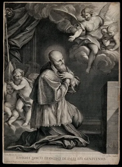 Saint Francis of Sales kneeling; angels and cherubim emerging from the clouds