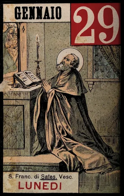 Saint Francis of Sales kneeling behind an altar, praying
