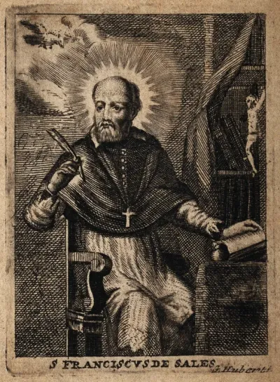 Saint Francis of Sales; seated at a table, holding a quill